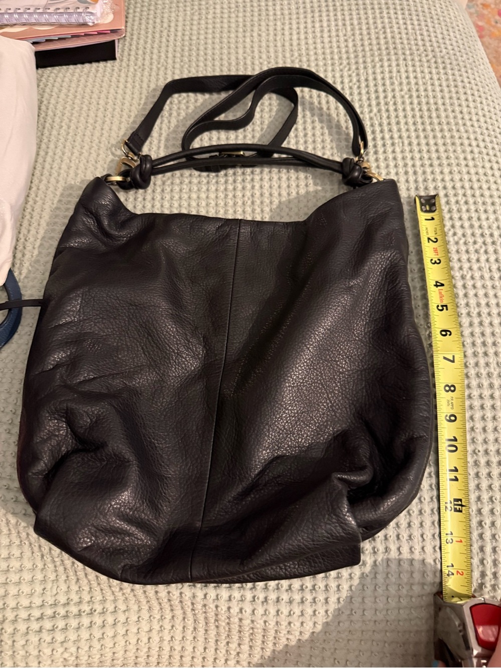 Black Leather Shoulder Bag with Knotted Strap